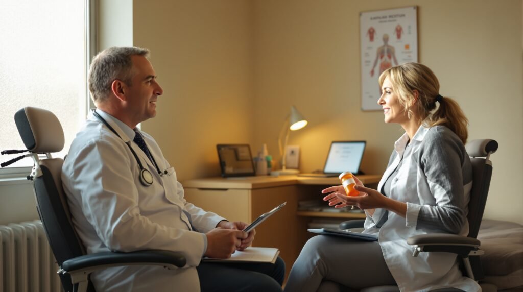 A middle-aged male physician in a white coat and stethoscope sits attentively across from a female patient in her late 40s during a primary care clinic appointment, as she holds a prescription pill bottle and gestures mid-conversation in a warm, naturally lit examination room.