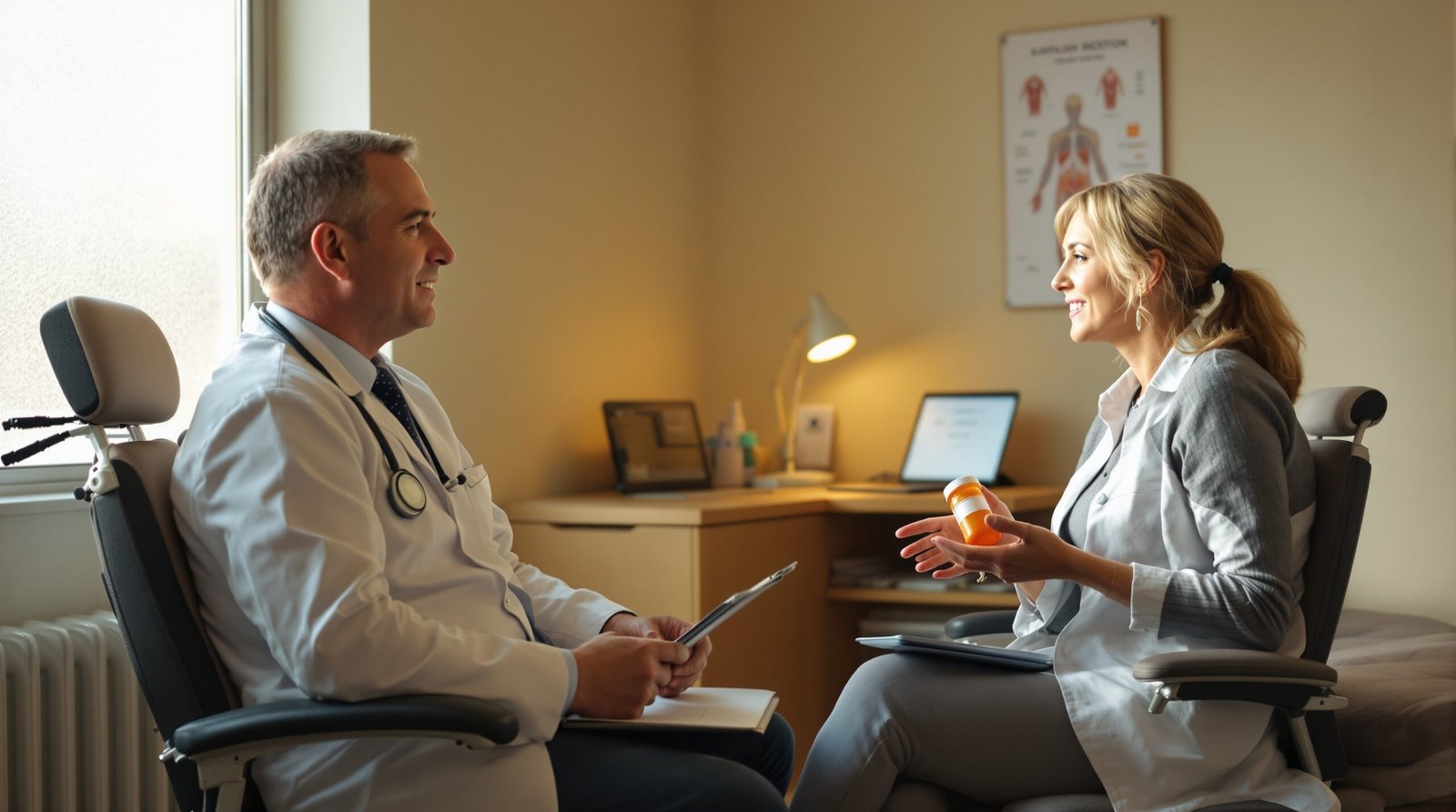 A middle-aged male physician in a white coat and stethoscope sits attentively across from a female patient in her late 40s during a primary care clinic appointment, as she holds a prescription pill bottle and gestures mid-conversation in a warm, naturally lit examination room.