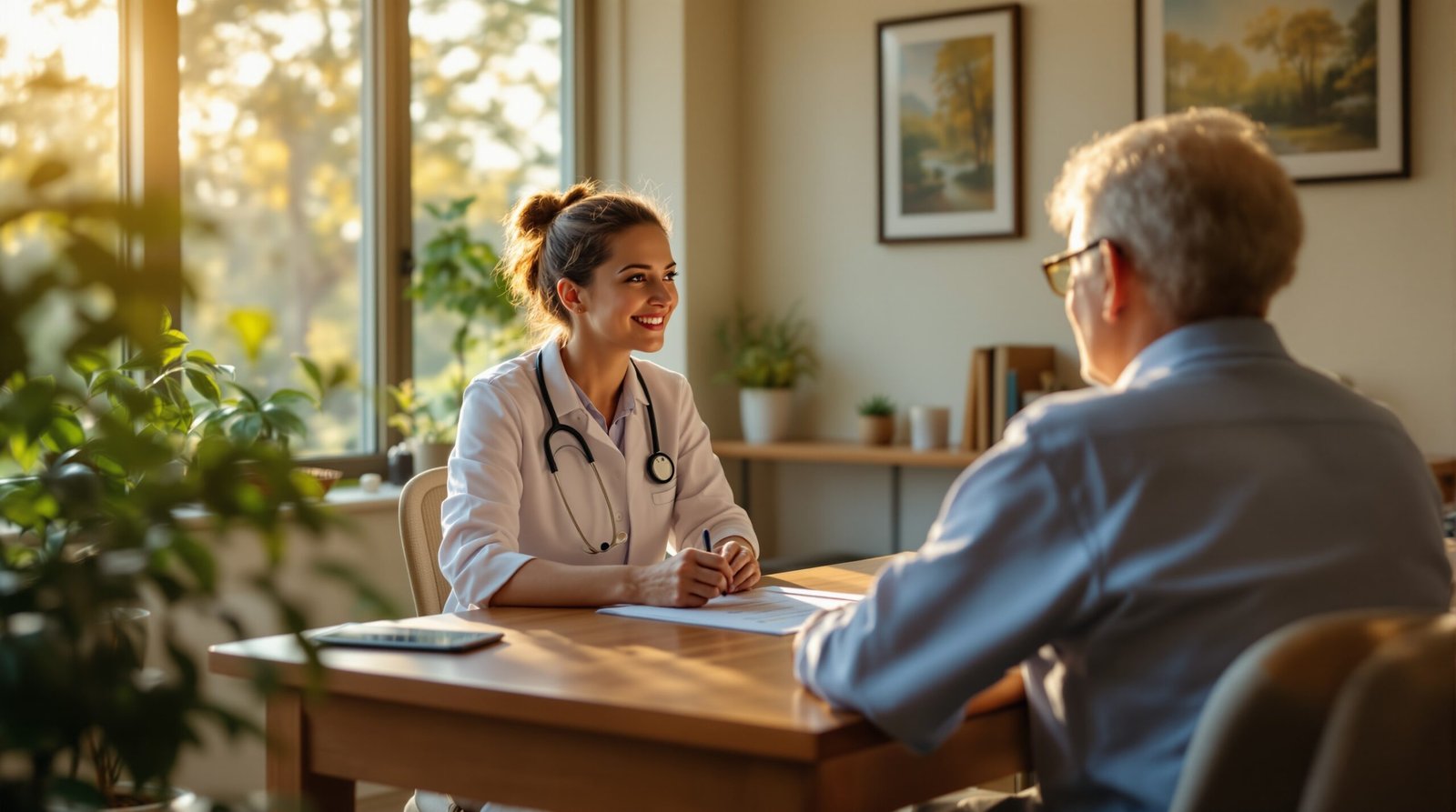 Doctor and elderly patient having a thoughtful consultation in a sunlit medical office with care plan documents visible on wooden desk