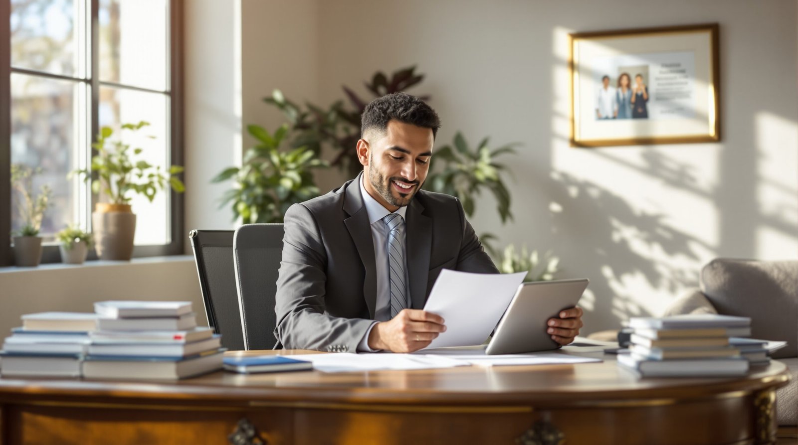 Physical therapist in business attire reviews patient records at sunlit wooden desk in modern medical office with professional decor and medical credentials displayed