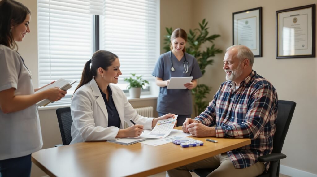 A female physician in her early 40s sits across a wooden desk from a middle-aged male patient in a plaid flannel shirt, pointing to a section of a printed medication schedule with a pen, while a female pharmacist in scrubs stands nearby reviewing a clipboard in a warm, naturally lit clinical consultation room.