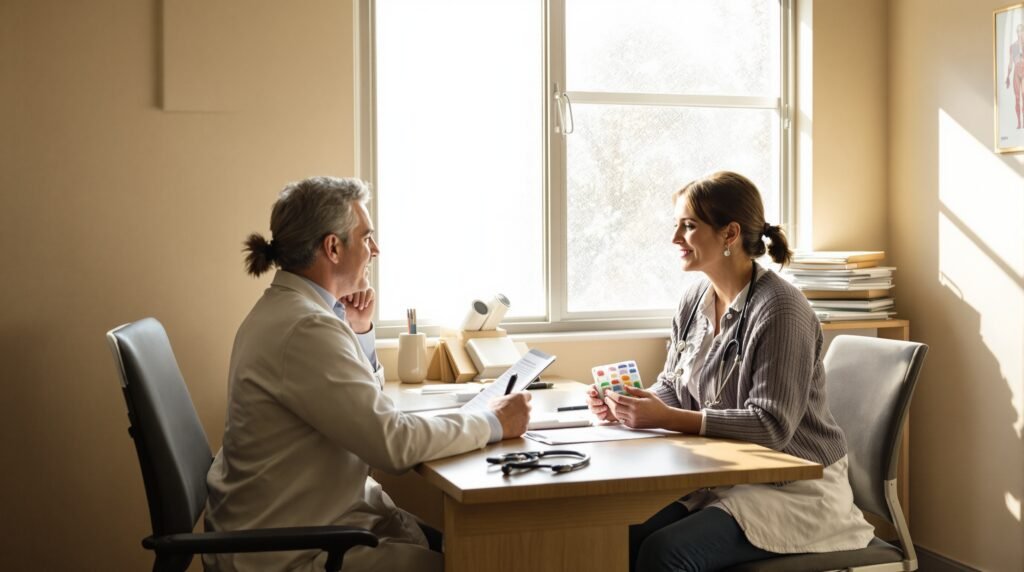 A middle-aged male physician in a white coat sits attentively across a wooden desk from a female patient in her 50s in a warmly lit private exam room, the woman thoughtfully examining a pill organizer in her hands while a printed treatment plan rests on the desk between them, a stethoscope and notepad nearby, soft natural afternoon light filtering through a frosted window, with medical charts on a side shelf and a framed anatomy diagram on the beige wall behind them