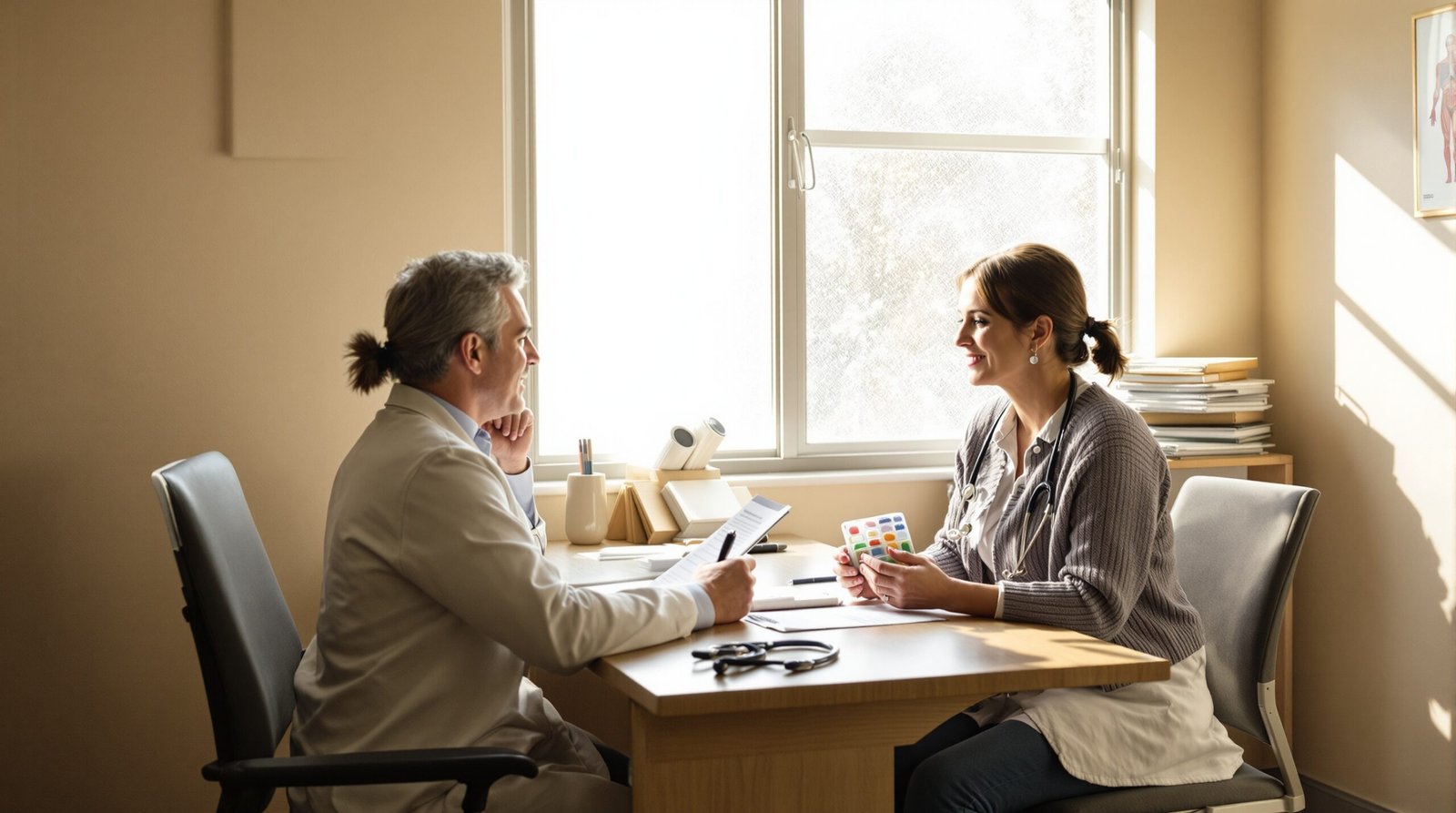 A middle-aged male physician in a white coat sits attentively across a wooden desk from a female patient in her 50s in a warmly lit private exam room, the woman thoughtfully examining a pill organizer in her hands while a printed treatment plan rests on the desk between them, a stethoscope and notepad nearby, soft natural afternoon light filtering through a frosted window, with medical charts on a side shelf and a framed anatomy diagram on the beige wall behind them