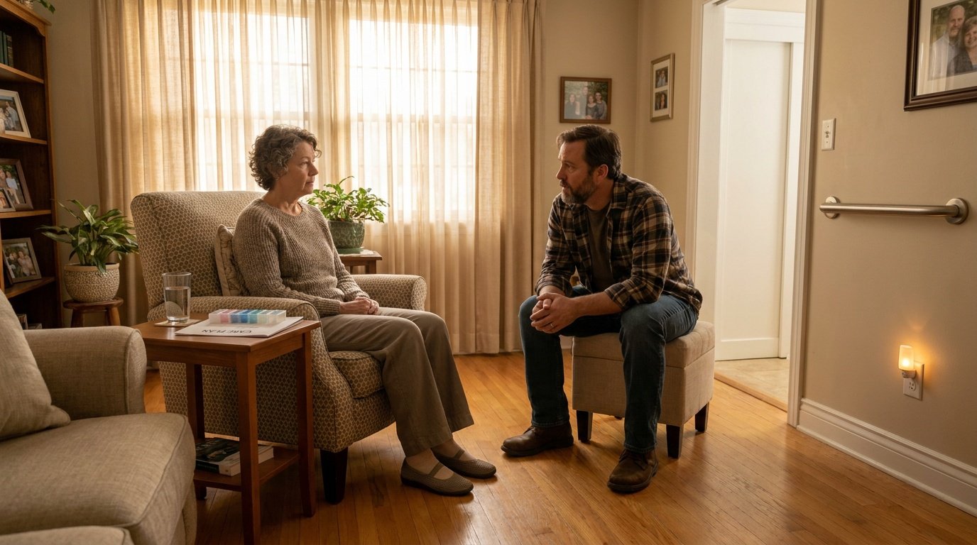 A wide, full-frame photorealistic scene of a tidy, earth-toned living room bathed in warm afternoon sunlight filtering through sheer curtains, casting soft diffused shadows across bare hardwood floors that are deliberately clear of rugs and electrical cords — a deliberate fall-prevention measure visible in the domestic layout. A middle-aged woman sits upright in a cushioned armchair positioned left of center, wearing comfortable, loose-fitting clothing and rubber-soled non-slip shoes, her posture composed and alert; she is fully visible from head to toe with generous negative space surrounding her figure. Directly beside her, a warm wood-grain side table holds three co-occurring objects in close physical proximity: a clear glass of water, a printed paper care plan document with visible text columns, and a rectangular weekly pill organizer with color-coded compartment lids. To her right, a man in his forties sits forward on a couch, elbows resting on his knees in an attentive, engaged posture, his full body visible within the frame. In the mid-ground background, a hallway entrance is marked by a wall-mounted metal grab bar at hand height, anchored to painted drywall — a clear assistive safety fixture. A small plug-in nightlight occupies a baseboard outlet nearby, indicating a low-light navigation aid. The 35mm eye-level perspective and warm color grading unify the scene as a grounded, clinically relevant home-based care environment emphasizing medication management, caregiver engagement, and fall-risk mitigation.