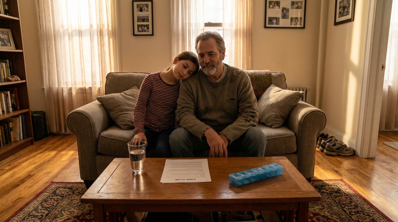 A photorealistic editorial health photograph taken in a warmly lit Brooklyn apartment living room during late afternoon, showing a middle-aged man with a calm, determined expression sitting upright on a cushioned couch with his young daughter leaning affectionately into his arm, both figures fully visible from head to toe with generous negative space above and to the sides of the frame, grounding the composition in an uncluttered domestic setting. A wooden coffee table positioned directly in front of them holds three clinically significant objects arranged naturally: a printed care plan document, a clear glass of water, and a weekly pill organizer with labeled compartments, collectively signaling active chronic disease management or post-acute recovery within a real home health context. Soft golden sunlight filters through sheer white curtains on the left side of the frame, casting warm, diffused light across hardwood floors with visible grain texture and gentle elongated shadows that reinforce the late-day hour. In the background, a pair of supportive walking shoes sits neatly beside the front door, visually referencing physical rehabilitation or a prescribed movement routine. Bookshelves and framed family photographs line the walls, establishing the space as genuinely lived-in rather than staged, reinforcing patient-centered care authenticity. The man gazes down at his daughter with quiet pride and emotional warmth, communicating psychological resilience, familial motivation, and forward momentum. The overall tonal register is grounded recovery, human connection, and sustainable health engagement, rendered in natural editorial colors with no digital overlays, no clinical sterility, and no artificial elements.