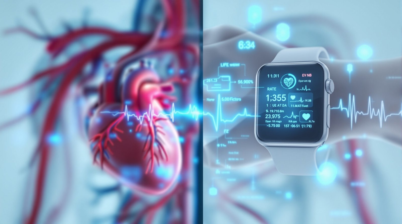 Heart health comparison showing anatomical heart beside modern cardiac monitoring technology with digital health metrics