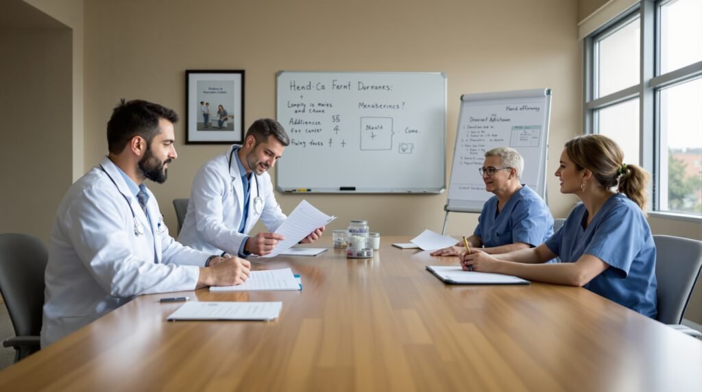 A wide-angle photorealistic documentary-style photograph of four healthcare professionals — a physician, pharmacist, nurse, and mental health counselor — gathered around a large wooden conference table in a warmly lit clinical meeting room, collaboratively reviewing printed patient charts, a medication log, a handwritten clipboard, and a paper adherence tracking sheet, with a whiteboard covered in clinical notes visible in the background and natural daylight streaming through large windows