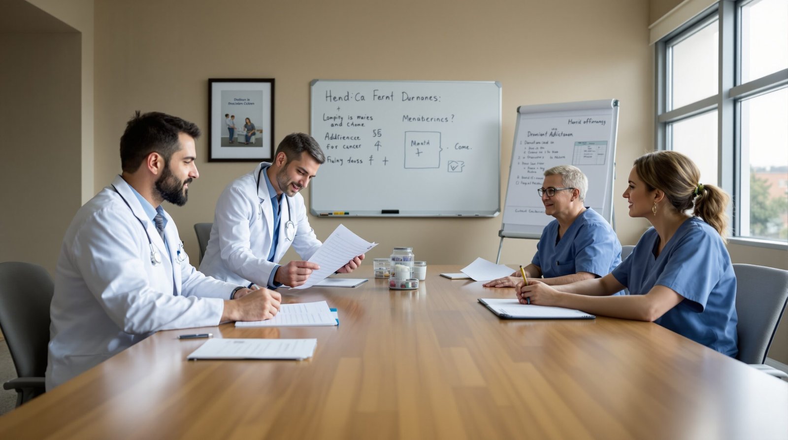A wide-angle photorealistic documentary-style photograph of four healthcare professionals — a physician, pharmacist, nurse, and mental health counselor — gathered around a large wooden conference table in a warmly lit clinical meeting room, collaboratively reviewing printed patient charts, a medication log, a handwritten clipboard, and a paper adherence tracking sheet, with a whiteboard covered in clinical notes visible in the background and natural daylight streaming through large windows