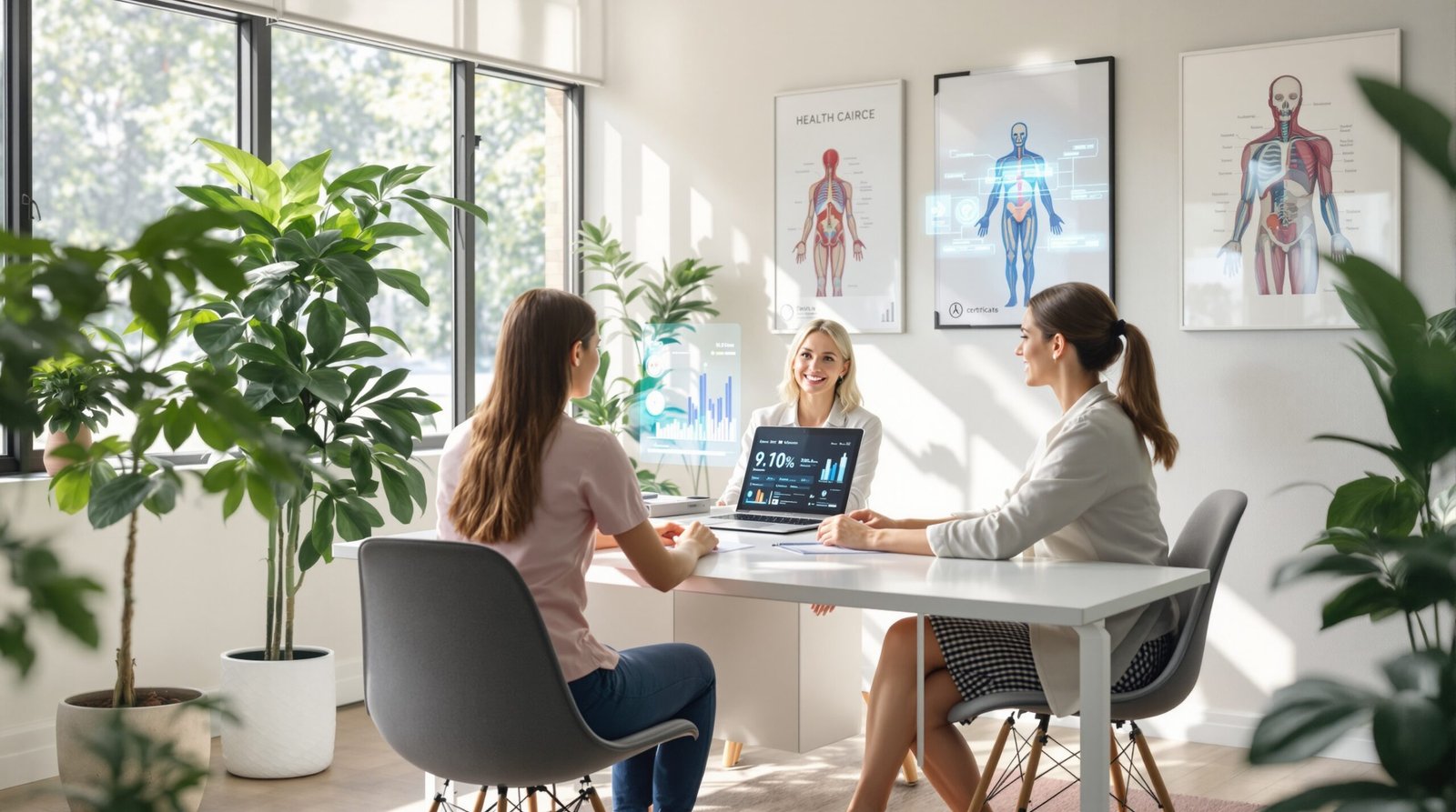 Health coach consulting with client in modern wellness office featuring holographic displays and natural lighting